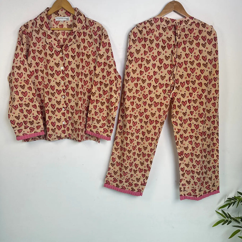 Women’s Cotton Pyjama Set, Pink Heart Print, Striped PJs, Handblock Loungewear, Holiday Sleepwear with Pockets and Travel Pouch Gift for Her