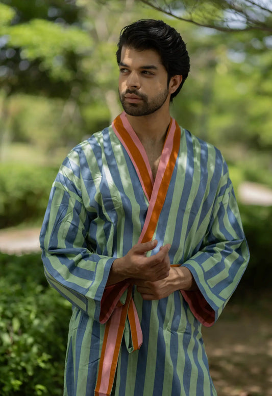 Pure Cotton Boho Men Kimono Robe | Geometric Luxury Dressing Gown Summer Loungewear, Reversible Unisex Bathrobe Relaxed Fit Beach Outfit