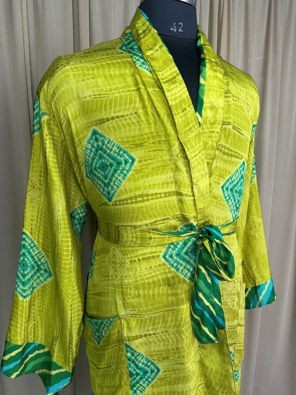 Silky Soft Menâ€™s Kimono Robe Masculine Elegant Classic Sustainable Vintage House Robe gift, Timeless Comfy Lounge Beach Wear Green Geometric