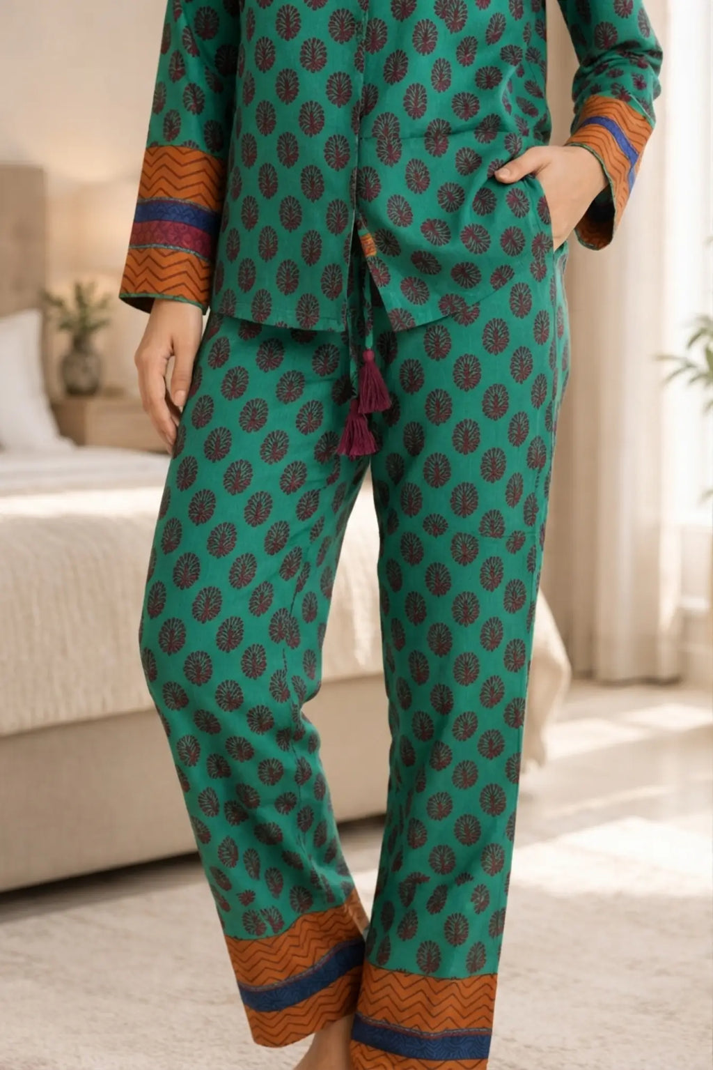 Boho Silk Sari Pajama Set, Colorful Handmade Loungewear for Women with Pockets, Short Sleeve Button Down Top, Drawstring Pants, Gift