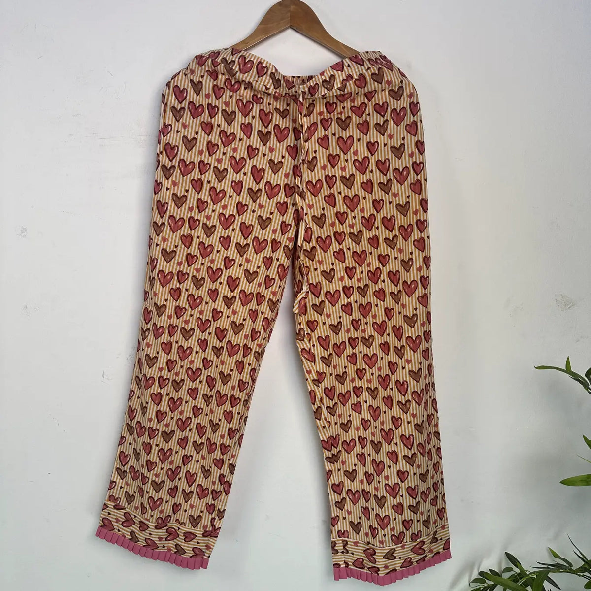 Women’s Cotton Pyjama Set, Pink Heart Print, Striped PJs, Handblock Loungewear, Holiday Sleepwear with Pockets and Travel Pouch Gift for Her