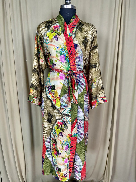 Recycle Silk Sari Women Kimono | Boho Chic Beach Cover Up Vintage Lounge Dressing Robe l Resort Wear Regal Gypsy House Robe | Beige Floral