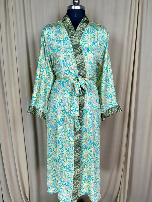 Recycle Silk Sari Women Kimono | Boho Chic Beach Cover Up Vintage Lounge Dressing Robe l Resort Wear Regal Gypsy House Robe | Yellow Floral