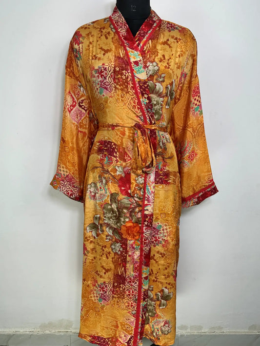 Recycle Silk Sari Women Kimono | Boho Chic Robe House | Beach Cover Up Vintage Bridesmaid Lounge Dressing Gown l Resort Wear Gypsy Nightwear