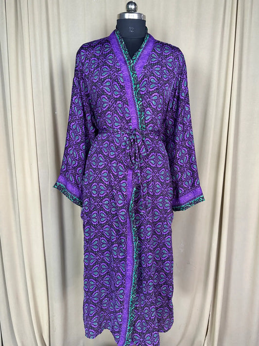 Recycle Silk Sari Women Kimono | Boho Chic Robe House, Beach Cover Up Vintage Bridesmaid Lounge Dressing Gown l Resort Wear Gypsy Nightwear