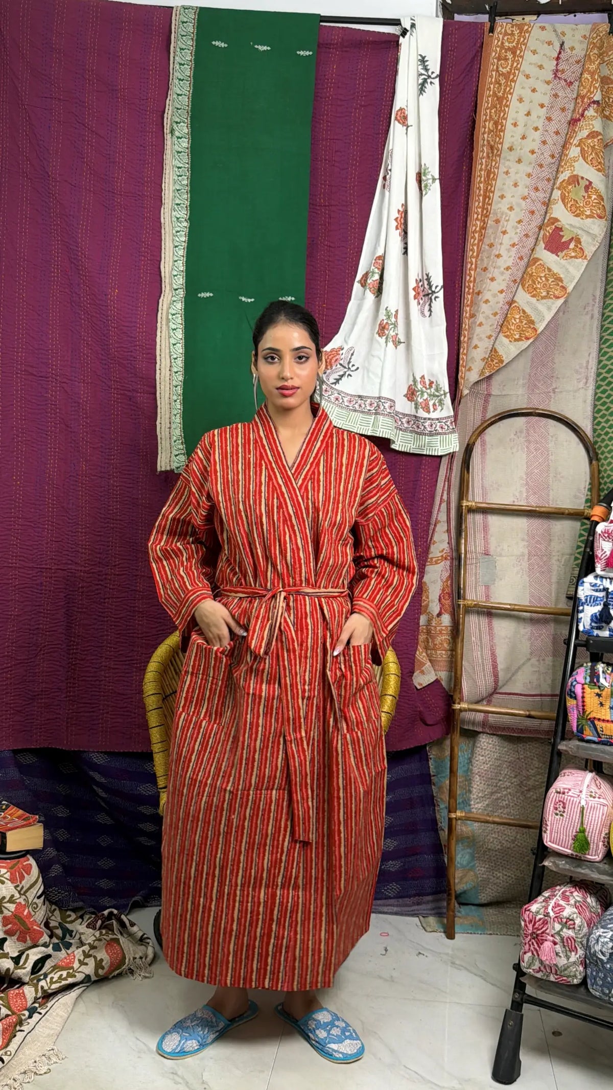 Cotton Kimono Robe | Handblock Striped Summer House Robe, Dressing Gown, Boho Beach Coverup, Bridesmaid dress Womens clothing, Gift For Her
