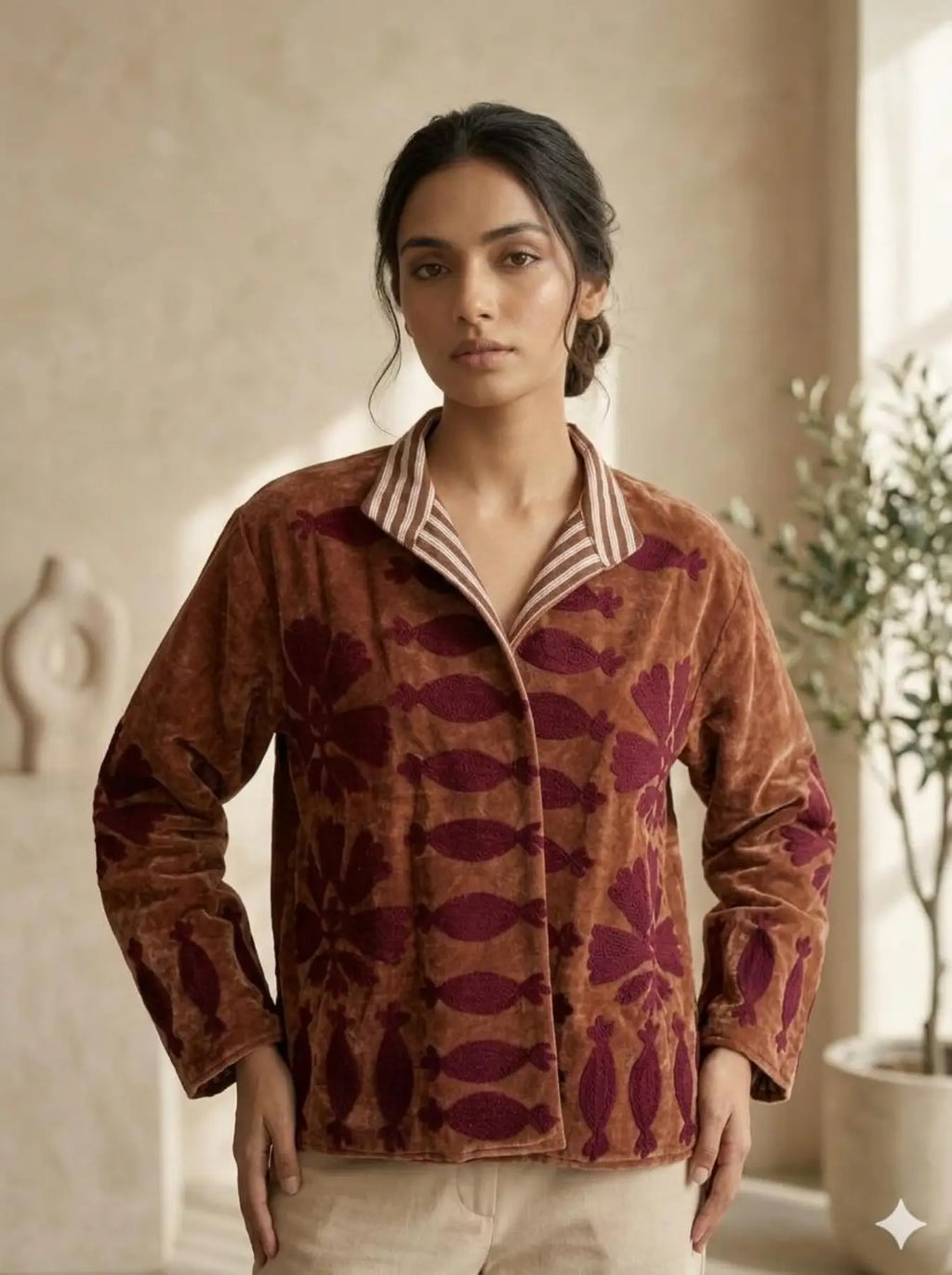 Women's Suzani embroidered Velvet Jacket in brown floral
