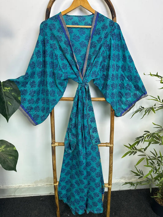Upcycle Boho Silk Long Women kimono, Boho Chic Robe House Beach Cover Up Vintage Bridesmaid Lounge Dressing Gown Resort Wear Gypsy Nightwear