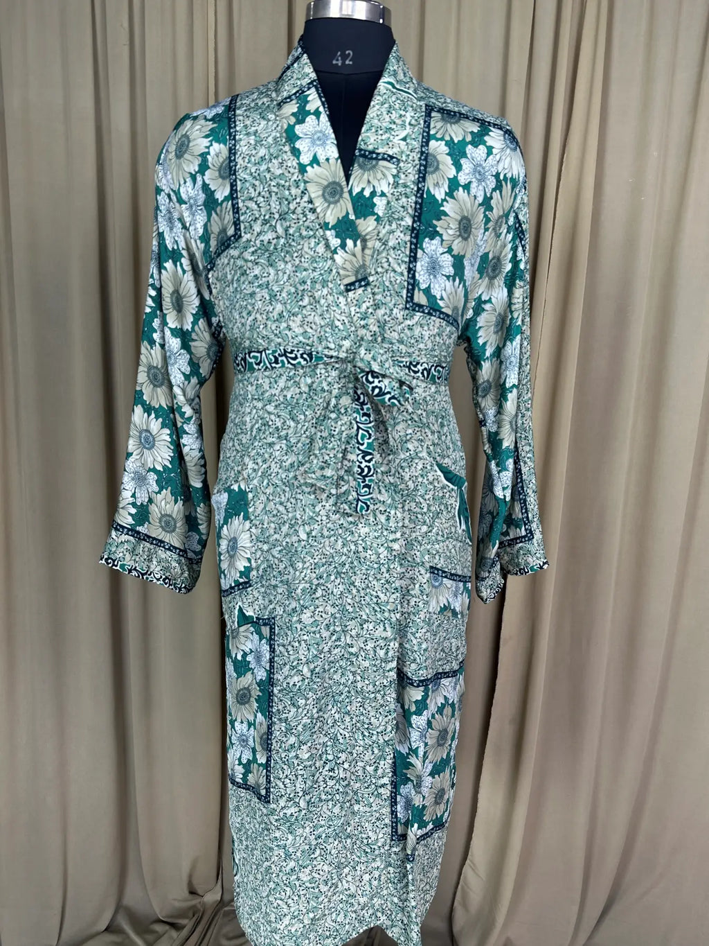 Men's Silky Kimono Robe in green floral