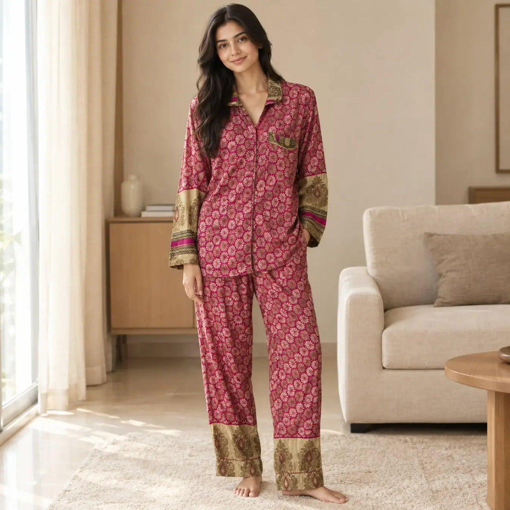 Silky Nightwear Pajama Set, Recycled Sari Silk Blend Luxury Lounge Set, Button Down Top, Drawstring Pants with Side Pockets, Gift