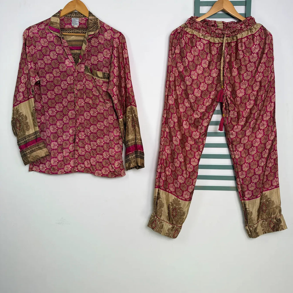 Silky Nightwear Pajama Set, Recycled Sari Silk Blend Luxury Lounge Set, Button Down Top, Drawstring Pants with Side Pockets, Gift