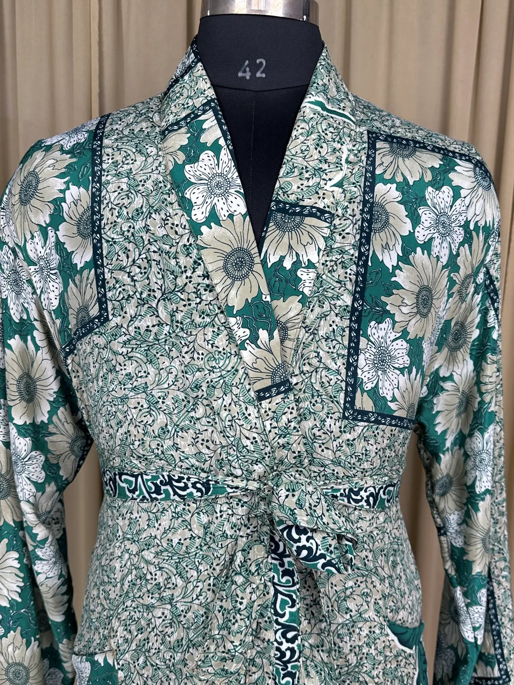 Men's Silky Kimono Robe in green floral