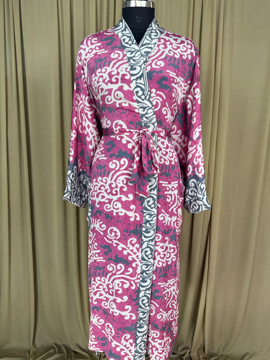 Recycle Silk Sari Women Kimono | Boho Chic Beach Cover Up Vintage Lounge Dressing Robe l Resort Wear Regal Gypsy House Robe | Pink Paisley