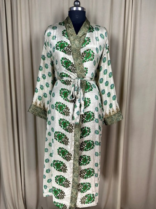 Recycle Silk Sari Women Kimono | Boho Chic Beach Cover Up Vintage Lounge Dressing Robe l Resort Wear Regal Gypsy House Robe | Beige Floral
