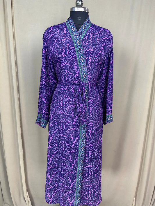 Recycle Silk Sari Women Kimono | Boho Chic Robe House, Beach Cover Up Vintage Bridesmaid Lounge Dressing Gown l Resort Wear Gypsy Nightwear