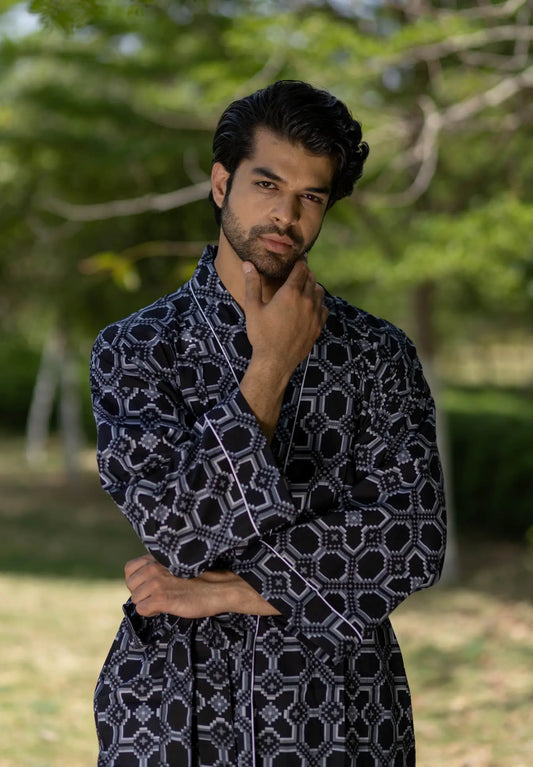 Pure Cotton Boho Men Kimono Robe | Geometric Luxury Dressing Gown Summer Loungewear, Onesie Unisex Bathrobe Relax Fit Beach Outfit Cardigan