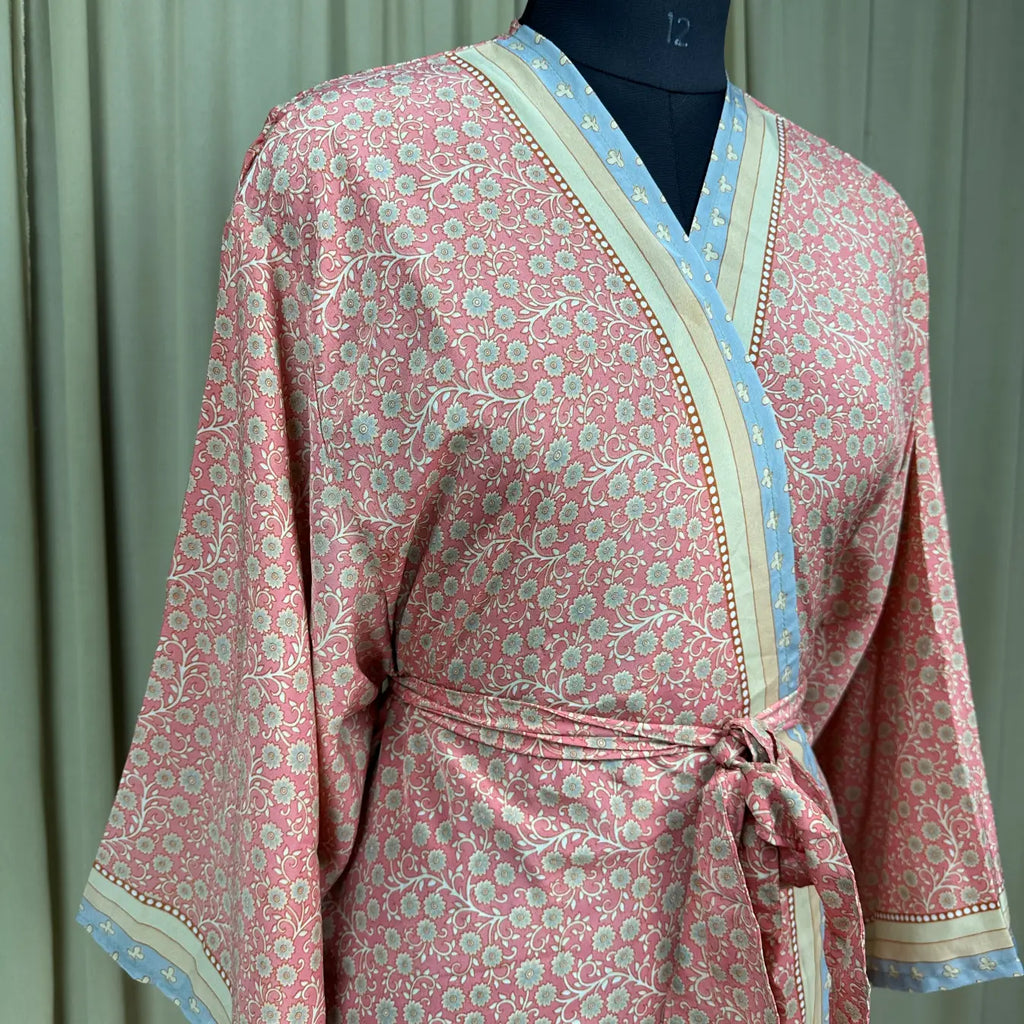 Vintage Silk Sari Boho Kimono | Luxury Loungewear House Robe Flowy Gown, Regal Floral Romance Duster Beach CoverUp, Bridesmaid Dressing Gown