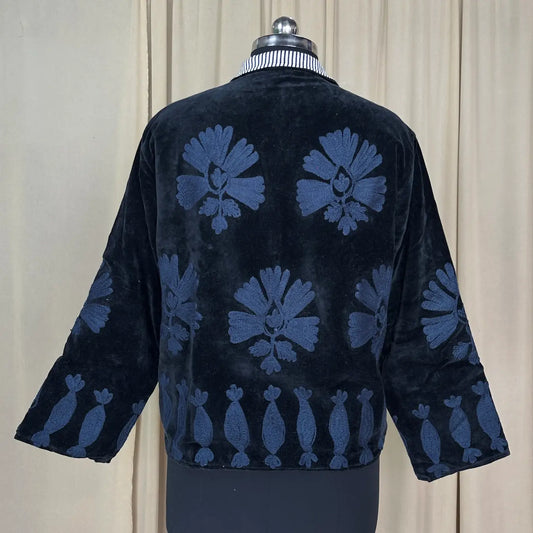 Boho Hand Embroidered Velvet Suzani Jacket, Black Floral Open Front Coat Winter Wear Free Size Robe Retro Chic Free Size Robe Blazer for Her