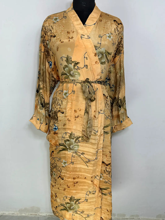 Recycle Silk Sari Women Kimono | Boho Chic Robe House | Beach Cover Up Vintage Bridesmaid Lounge Dressing Gown l Resort Wear Gypsy Nightwear