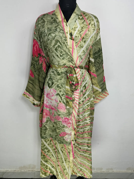 Recycle Silk Sari Women Kimono | Boho Chic Robe House | Beach Cover Up Vintage Bridesmaid Lounge Dressing Gown l Resort Wear Gypsy Nightwear