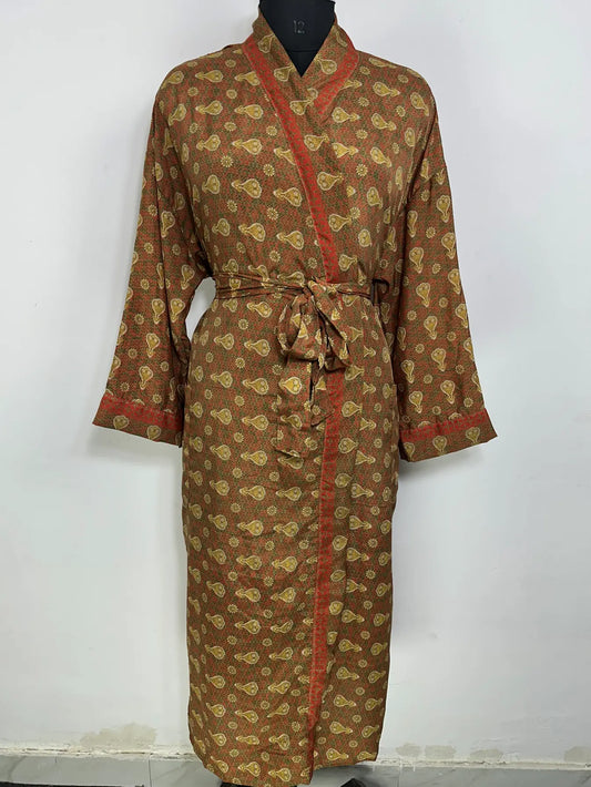 Recycle Silk Sari Women Kimono | Boho Chic Robe House | Beach Cover Up Vintage Bridesmaid Lounge Dressing Gown l Resort Wear Gypsy Nightwear