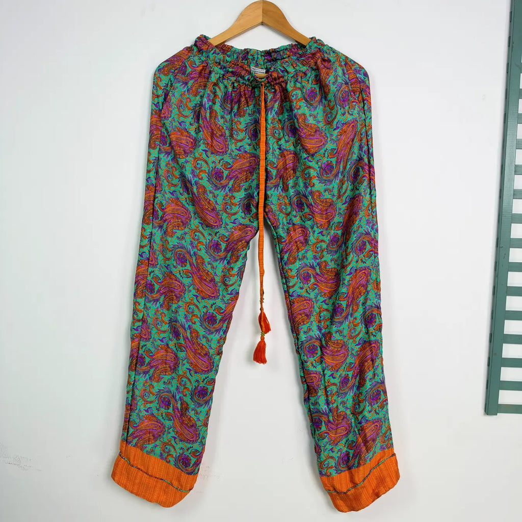 Handmade Recycled Sari Pajama Set, Boho Women's Clothing, Silk Blend Loungewear, Button Down Top, Drawstring Pants, Gift for Her