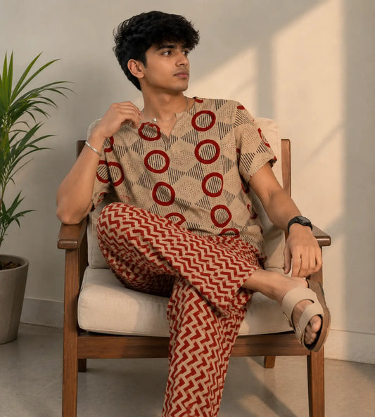 Handblock Print Cotton Mens PJ Set | Stylish Printed Short Sleeve Shirt & Relaxed Pajama Soft Breathable Comfortable Loungewear Gift for Men