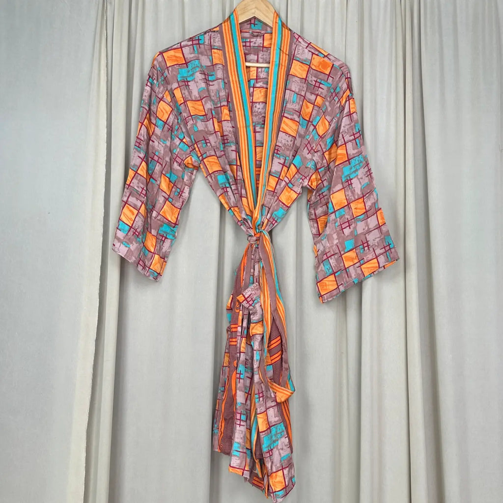 Vintage Silk Kimono Robe in geometric