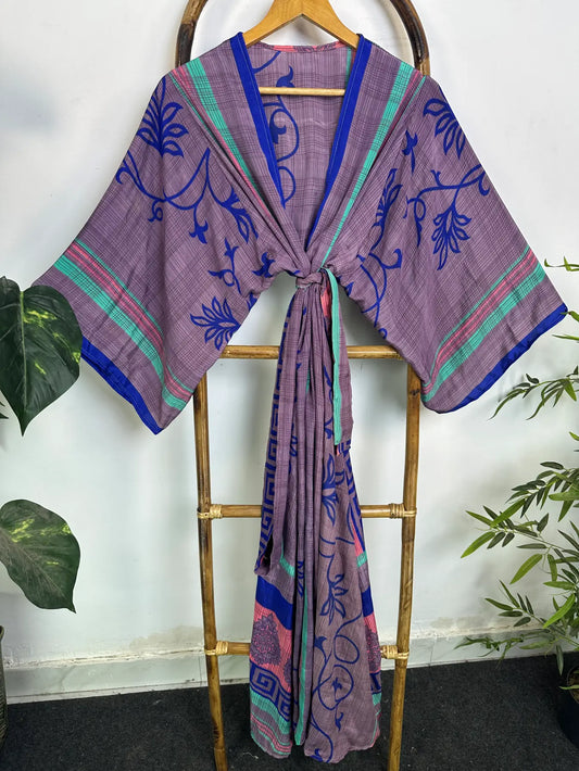 Upcycle Boho Silk Long Women kimono, Boho Chic Robe House Beach Cover Up Vintage Bridesmaid Lounge Dressing Gown Resort Wear Gypsy Nightwear