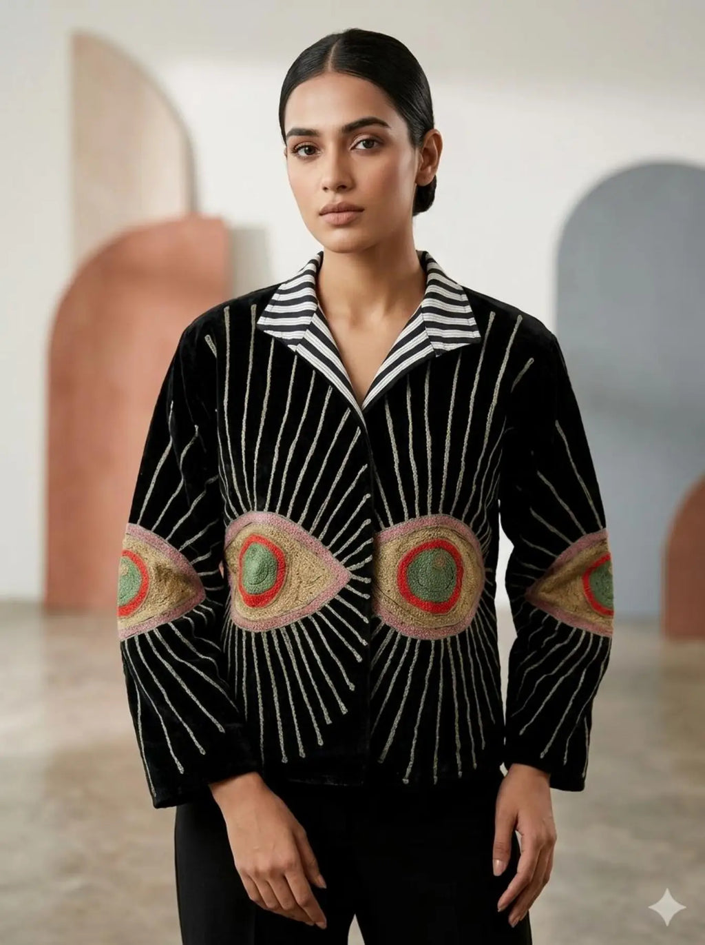 Women's Suzani embroidered Velvet Jacket in black geometric
