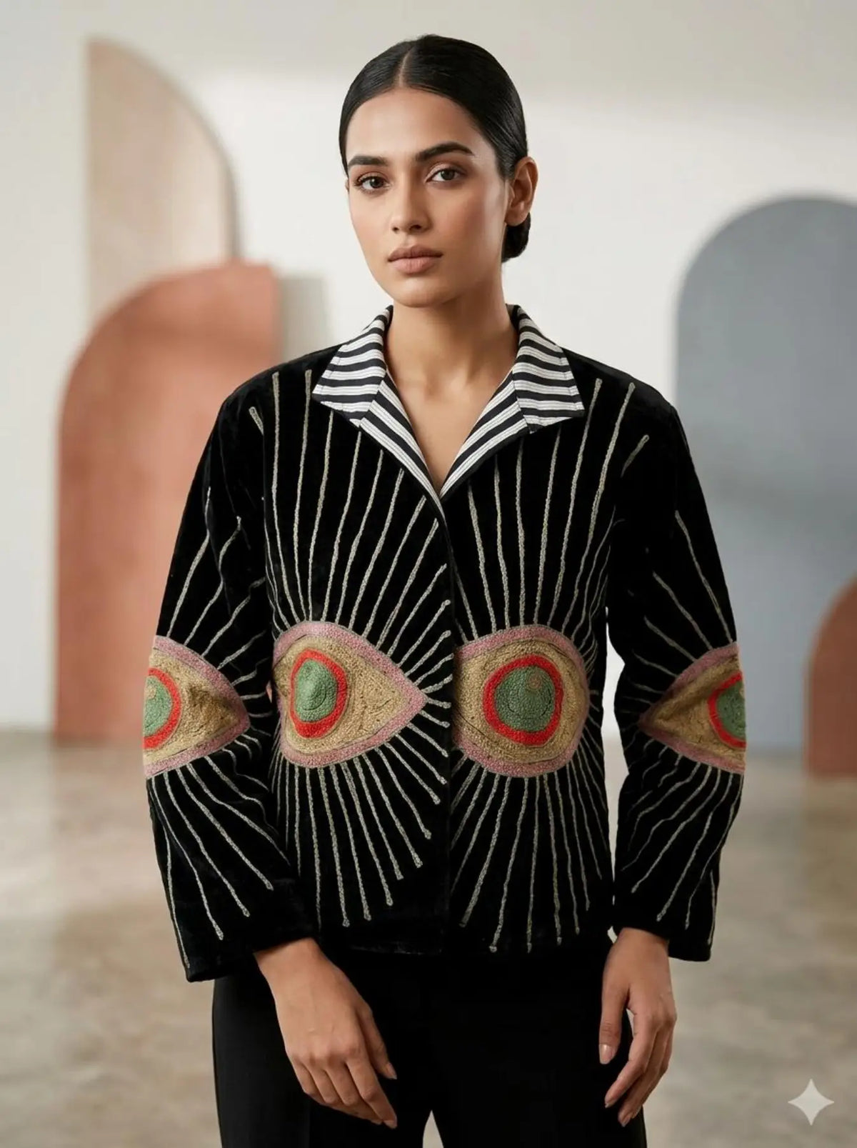Boho Hand Embroidered Velvet Suzani Jacket | Black Geometric Open Front Coat Winter Wear Free Size Retro Chic Free Size Robe Blazer for Her