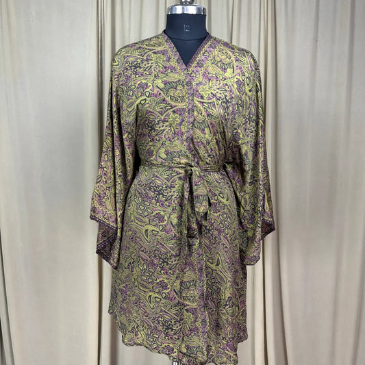 Vintage Silk Sari Boho Kimono | Luxury Loungewear House Robe Flowy Gown, Regal Floral Romance Duster Beach CoverUp, Bridesmaid Dressing Gown