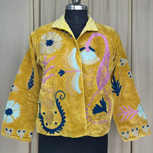 Boho Hand Embroidered Velvet Suzani Jacket Yellow Floral Open Front Coat Winter Wear Free Size Robe Retro Chic Free Size Robe Blazer for Her