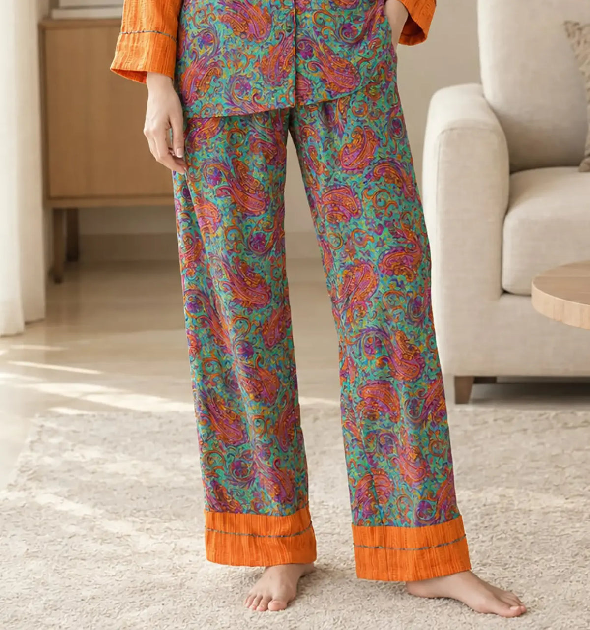 Handmade Recycled Sari Pajama Set, Boho Women's Clothing, Silk Blend Loungewear, Button Down Top, Drawstring Pants, Gift for Her