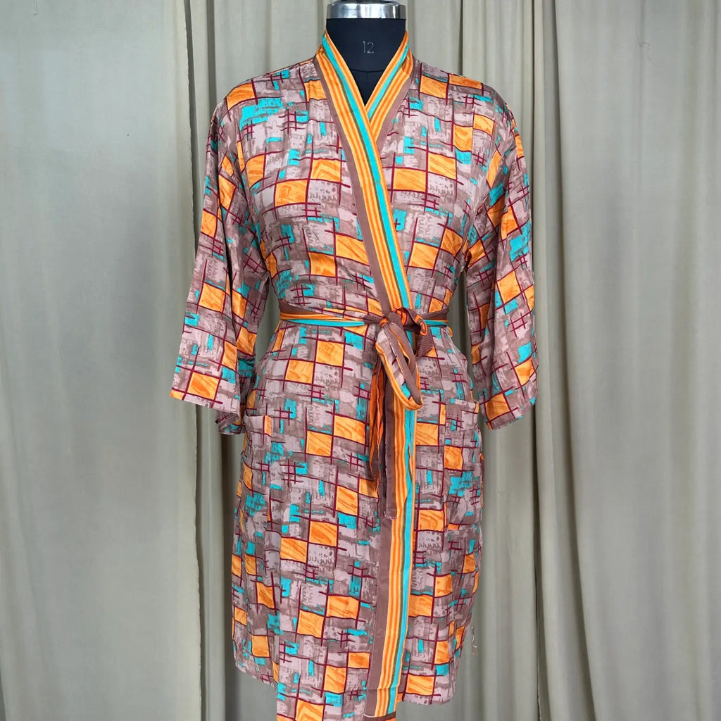 Vintage Silk Kimono Robe in geometric