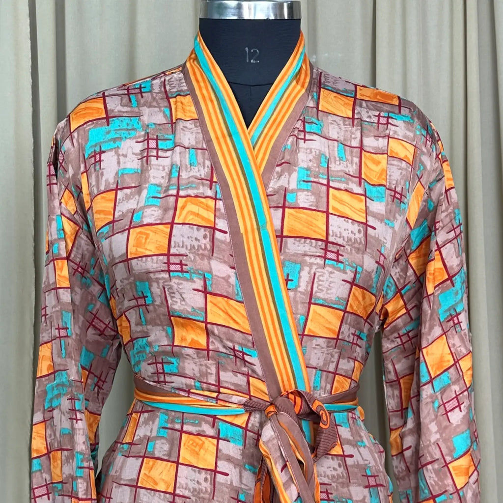 Vintage Silk Kimono Robe in geometric