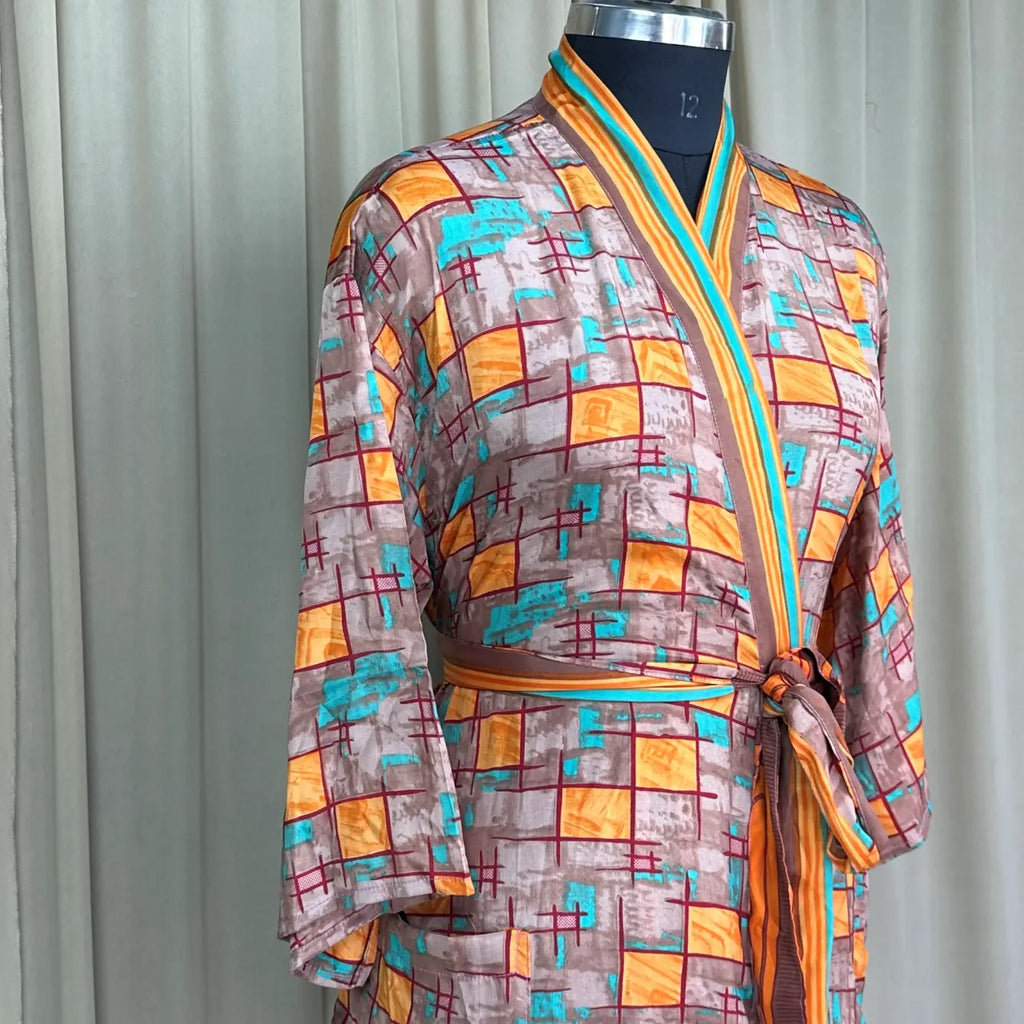 Vintage Silk Kimono Robe in geometric