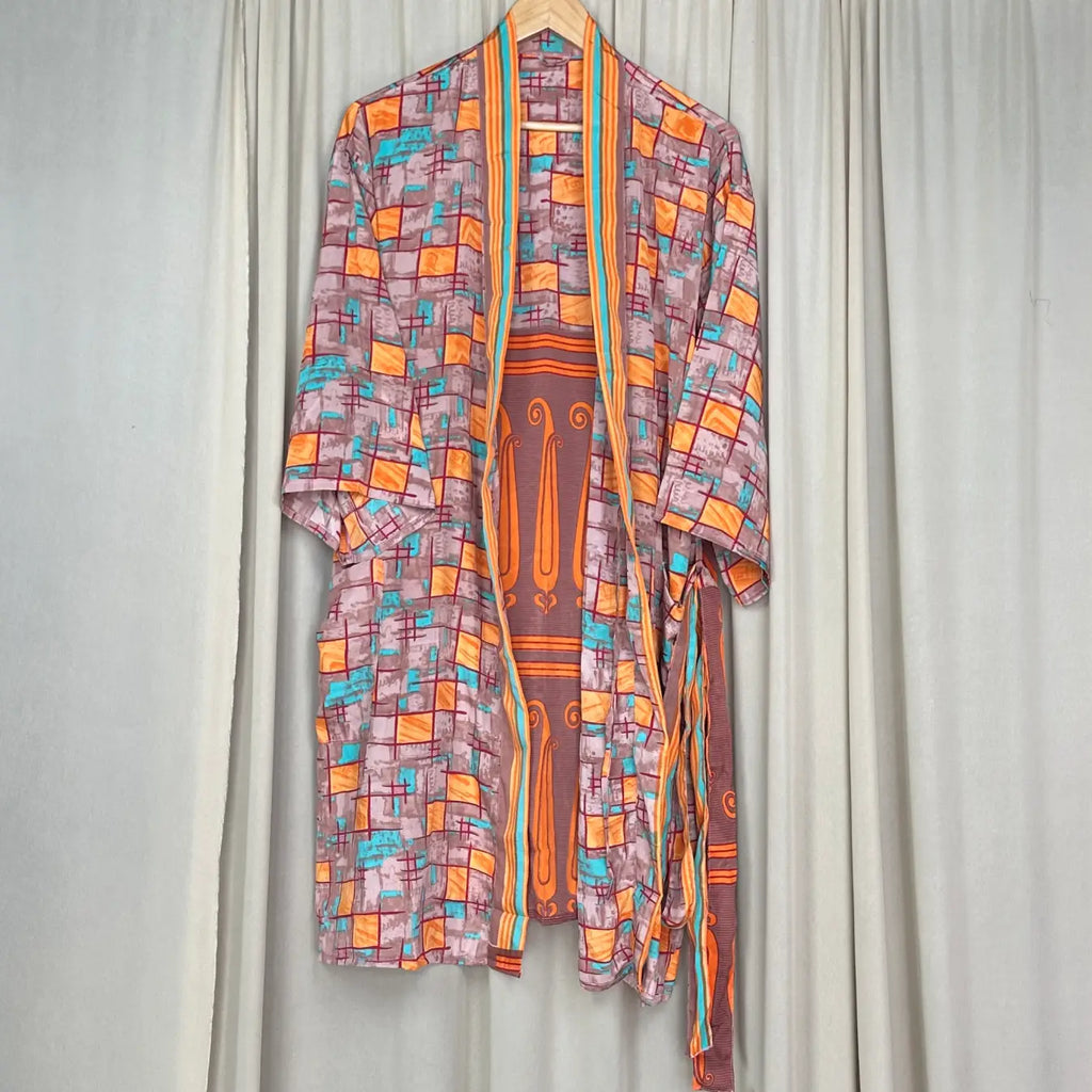 Vintage Silk Kimono Robe in geometric