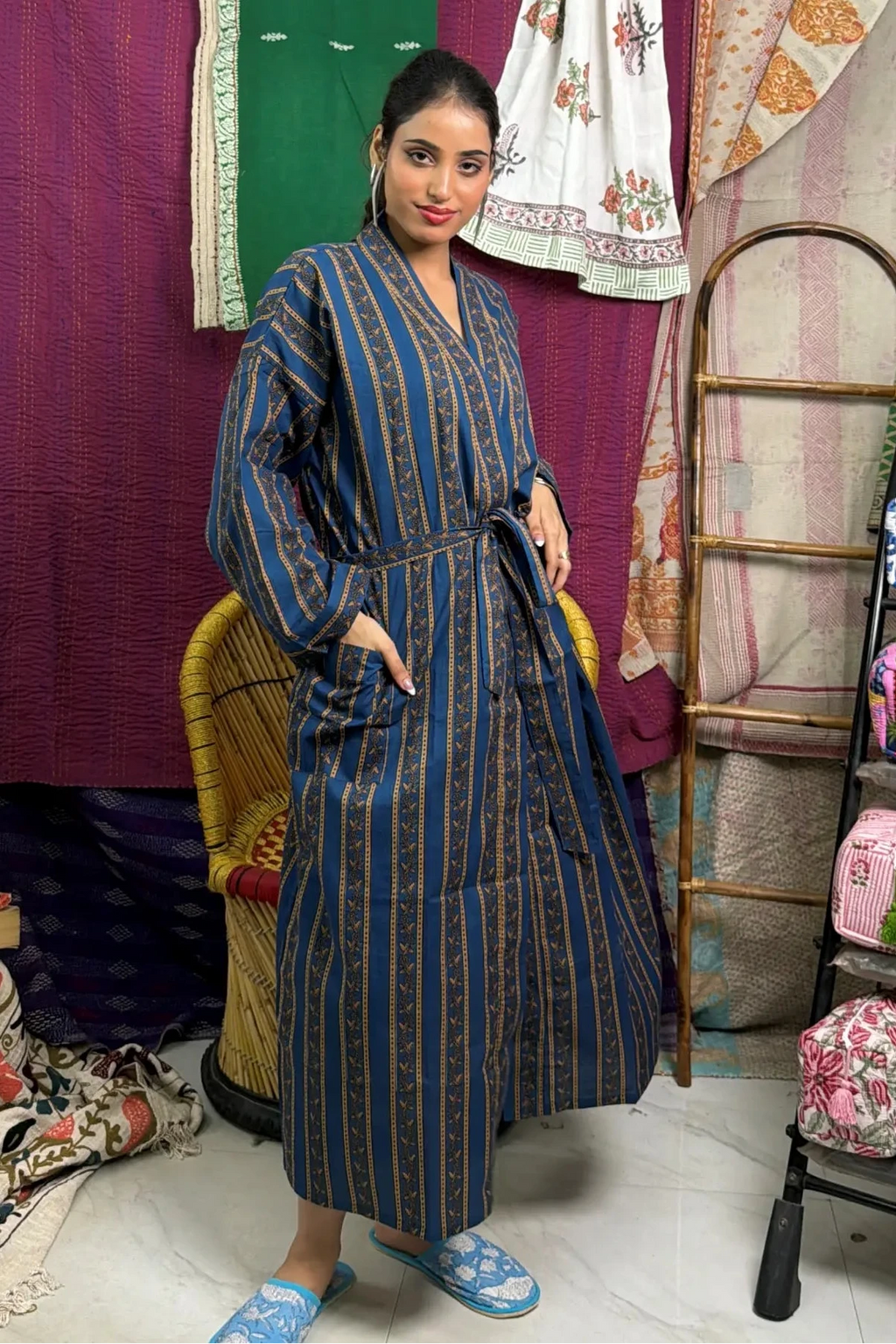 Cotton Kimono Robe | Handblock Striped Summer House Robe, Dressing Gown, Boho Beach Coverup, Bridesmaid dress Womens clothing, Gift For Her