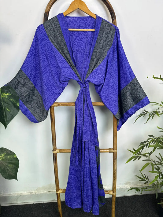 Upcycle Boho Silk Long Women kimono, Boho Chic Robe House Beach Cover Up Vintage Bridesmaid Lounge Dressing Gown Resort Wear Gypsy Nightwear
