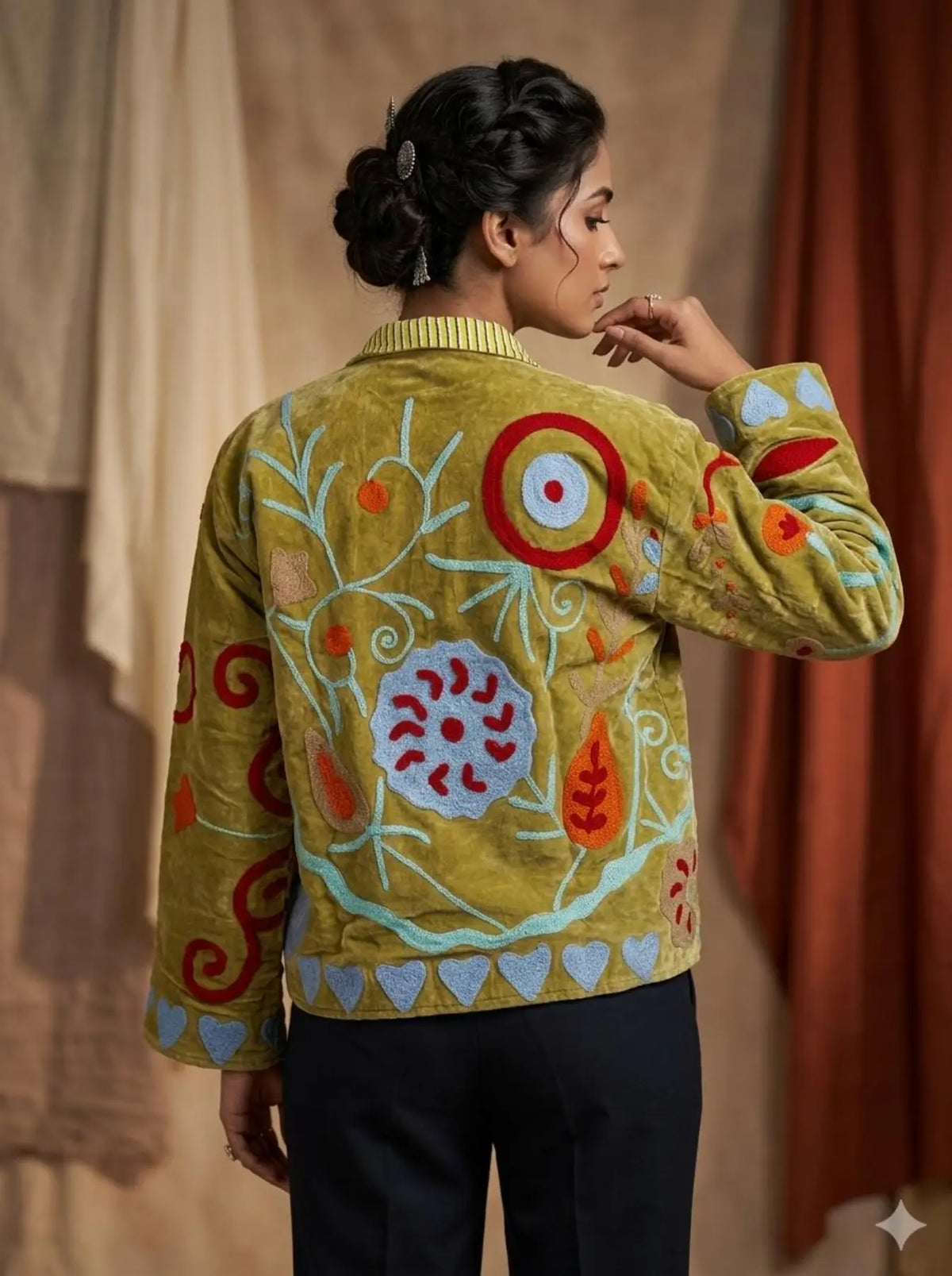 Boho Hand Embroidered Velvet Suzani Jacket, Green Floral Open Front Coat Winter Wear Free Size Robe Retro Chic Free Size Robe Blazer for Her
