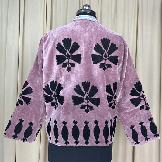 Boho Hand Embroidered Velvet Suzani Jacket, Dusty Grape Floral Open Front Coat Winter Wear Robe Retro Chic Free Size Robe Blazer for Her