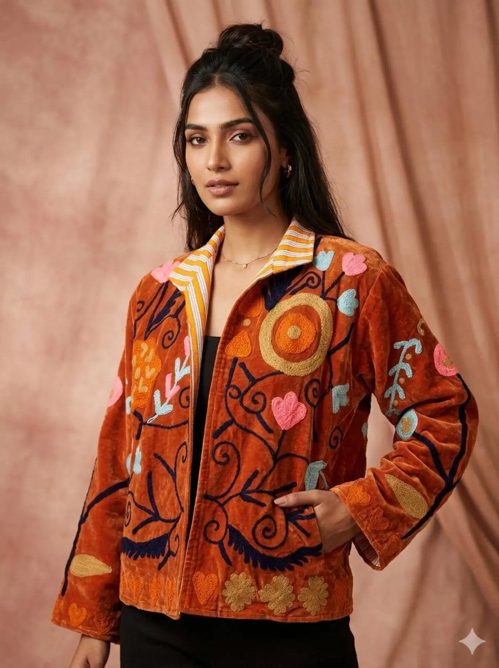 Women's Suzani embroidered Velvet Jacket in brown floral