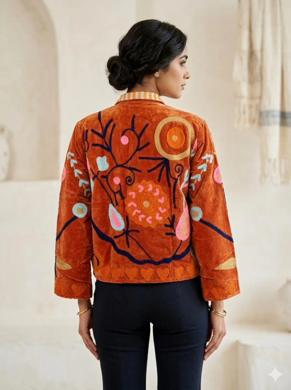 Women's Suzani embroidered Velvet Jacket in brown floral