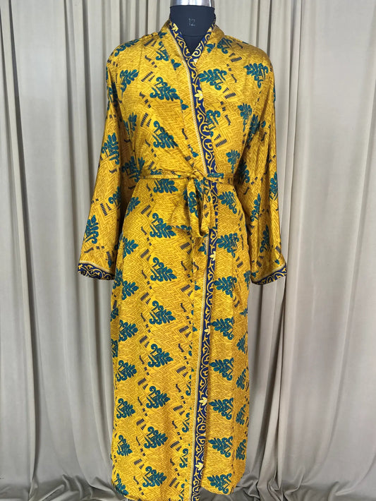 Recycle Silk Sari Women Kimono | Boho Chic Beach Cover Up Vintage Lounge Dressing Robe l Resort Wear Regal Gypsy House Robe Yellow Geometric