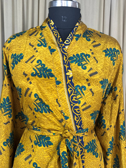 Recycle Silk Sari Women Kimono | Boho Chic Beach Cover Up Vintage Lounge Dressing Robe l Resort Wear Regal Gypsy House Robe Yellow Geometric