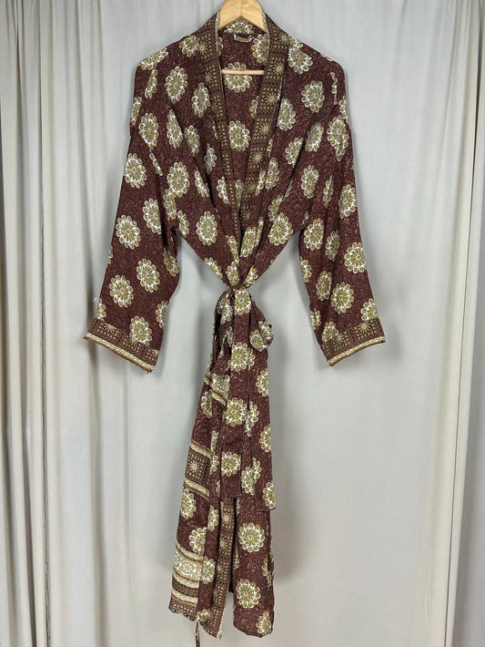 Recycle Silk Sari Women Kimono | Boho Chic Beach Cover Up Vintage Lounge Dressing Robe l Resort Wear Regal Gypsy House Robe | Brown Floral