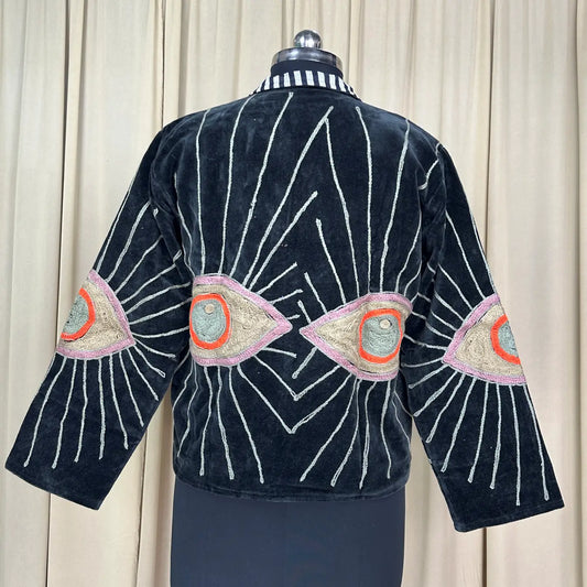 Boho Hand Embroidered Velvet Suzani Jacket | Black Geometric Open Front Coat Winter Wear Free Size Retro Chic Free Size Robe Blazer for Her
