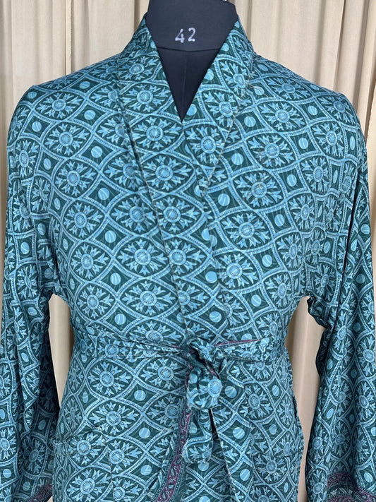 Silky Soft Men’s Kimono Robe Masculine Elegant Classic Sustainable Vintage House Robe gift, Timeless Comfy Lounge Beach Wear Green Geometric