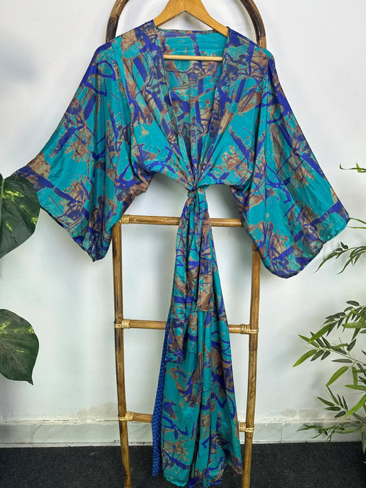 Upcycle Boho Silk Long Women kimono, Boho Chic Robe House Beach Cover Up Vintage Bridesmaid Lounge Dressing Gown Resort Wear Gypsy Nightwear